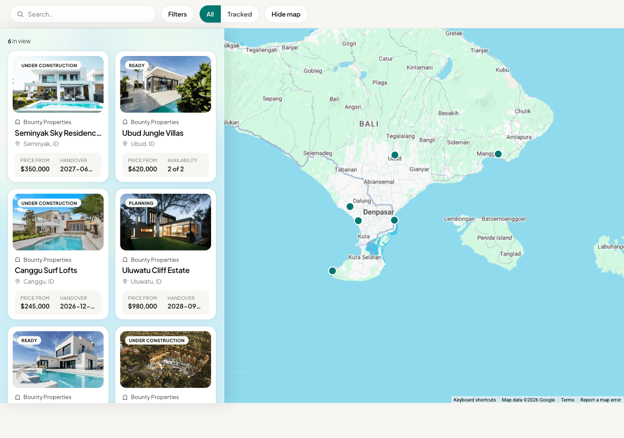 Browsing developer projects on Projectport: searchable and filterable, with a map of available developments